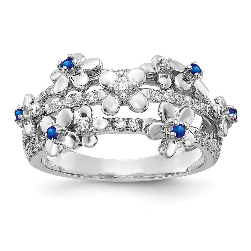 14k White Gold Real Diamond and Sapphire Flower Ring