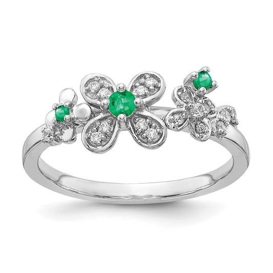 14k White Gold Real Diamond & Emerald Flower Ring