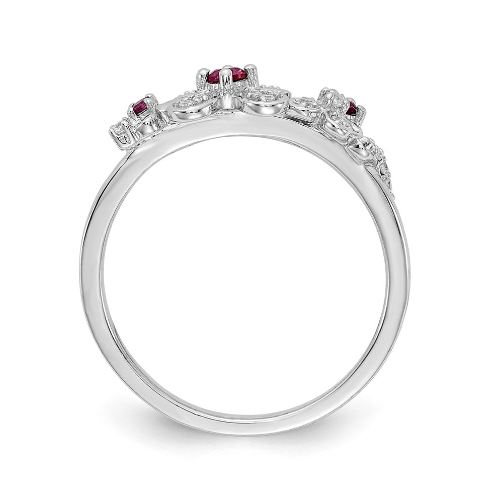 14k White Gold Real Diamond and Ruby Flower Ring