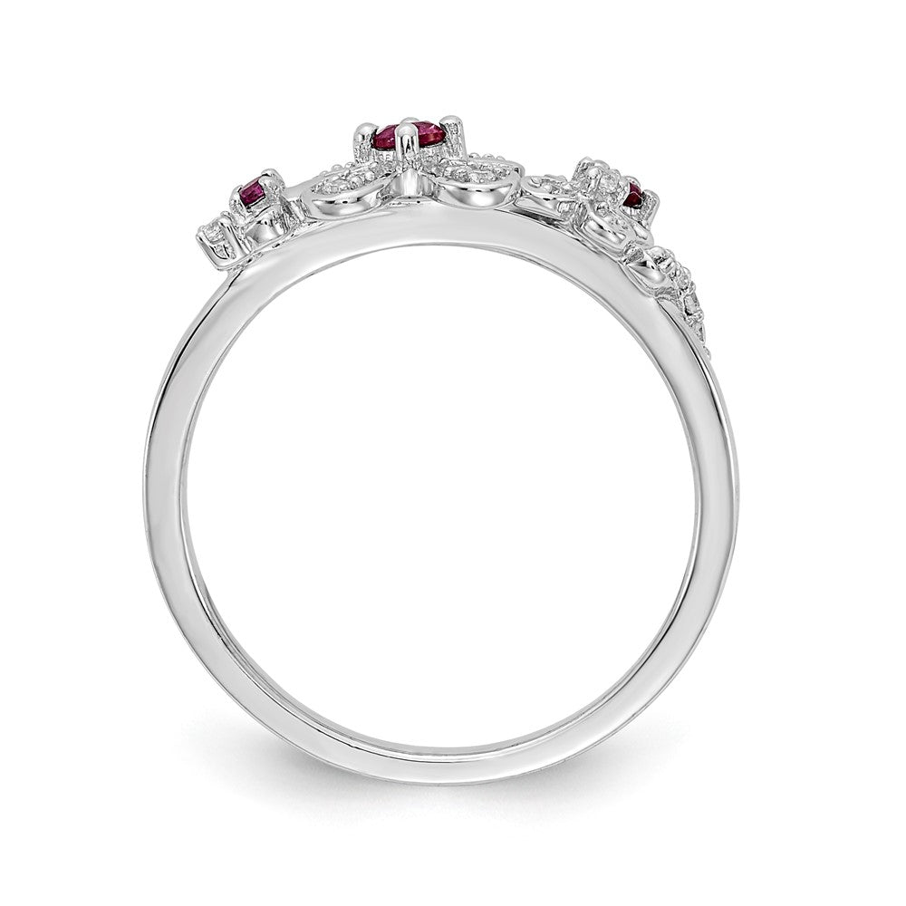 Solid 14k White Gold Simulated CZ and Ruby Flower Ring