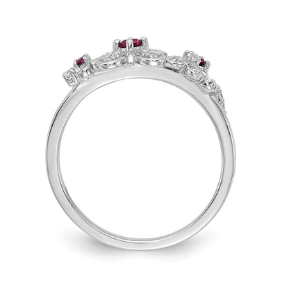 Solid 14k White Gold Simulated CZ and Ruby Flower Ring