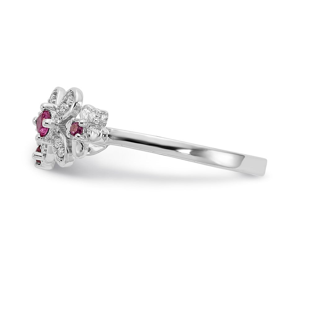 Solid 14k White Gold Simulated CZ and Ruby Flower Ring