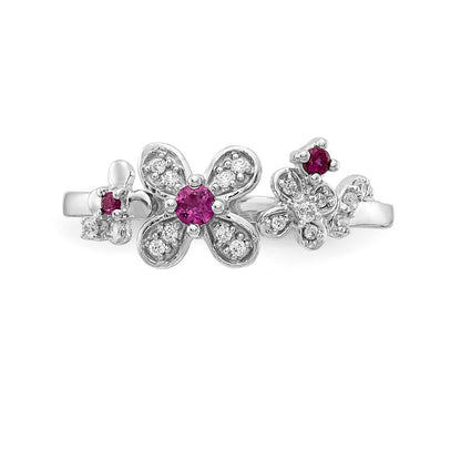 Solid 14k White Gold Simulated CZ and Ruby Flower Ring