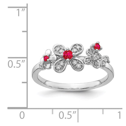Solid 14k White Gold Simulated CZ and Ruby Flower Ring