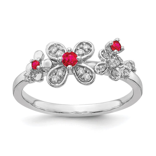 14k White Gold Real Diamond and Ruby Flower Ring