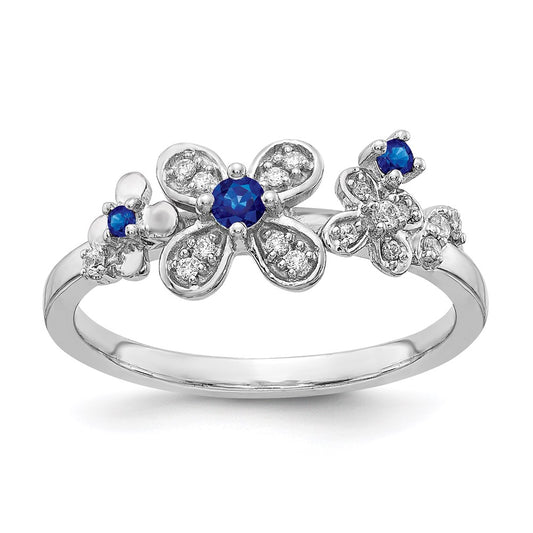 14k White Gold Real Diamond & Sapphire Flower Ring