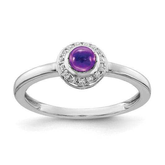 14k White Gold Real Diamond and Cabochon Amethyst Ring
