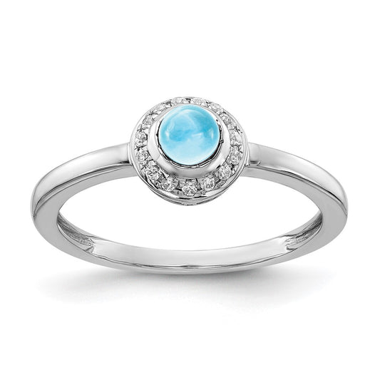 Solid 14k White Gold Simulated CZ and Cabochon Blue Topaz Ring