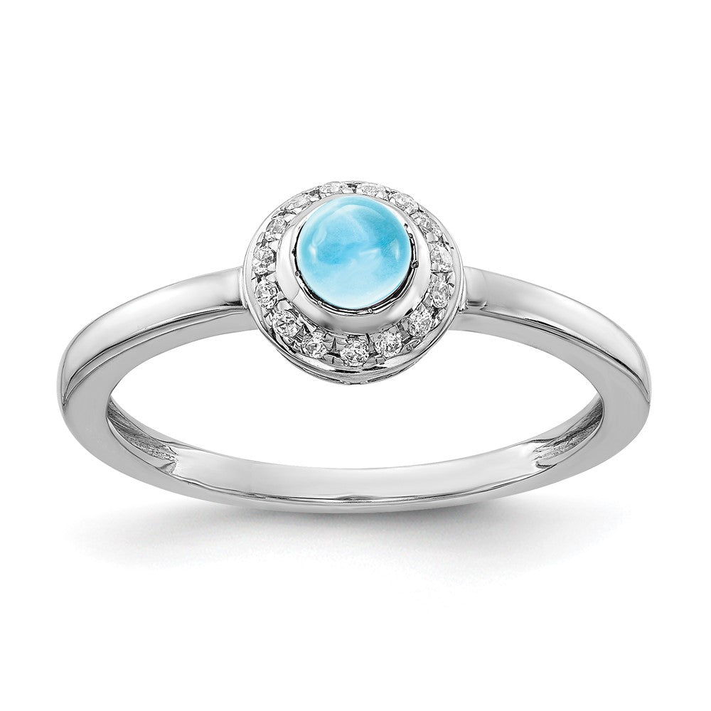 14k White Gold Real Diamond and Cabochon Blue Topaz Ring