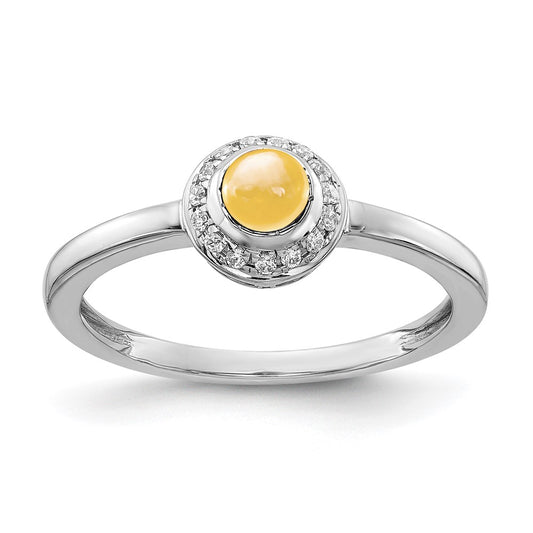 14k White Gold Real Diamond and Cabochon Citrine Ring