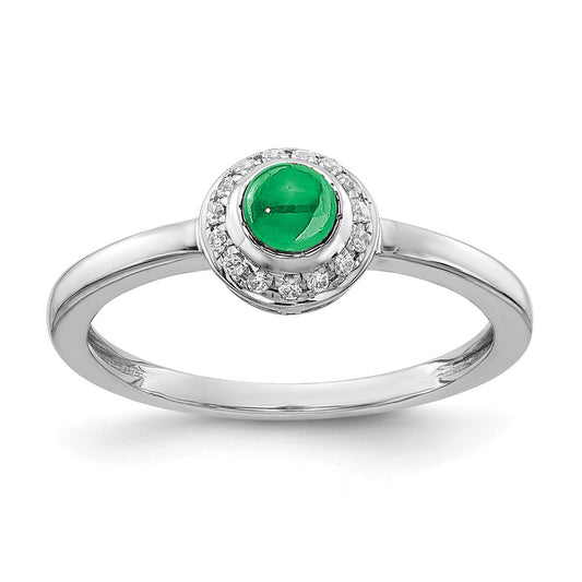 Solid 14k White Gold Simulated CZ and Cabochon Emerald Ring