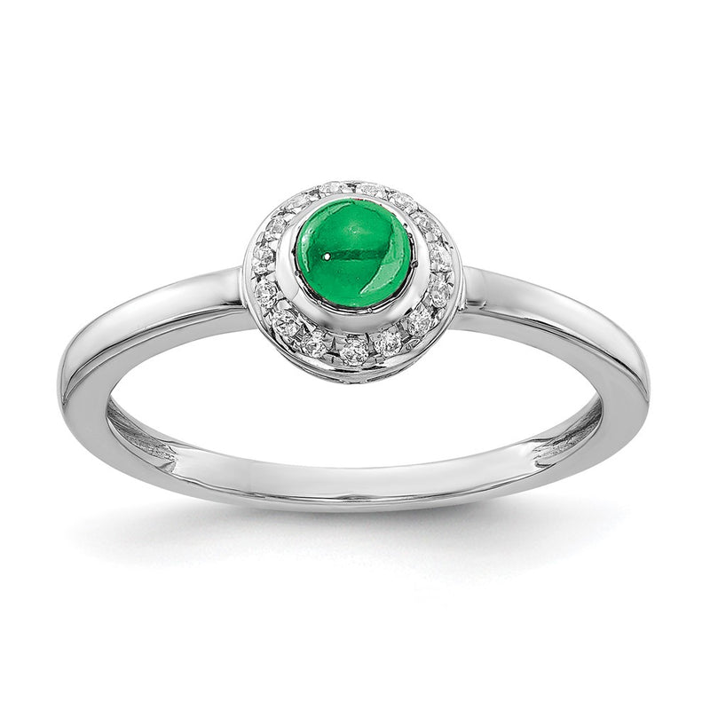 14k White Gold Real Diamond and Cabochon Emerald Ring