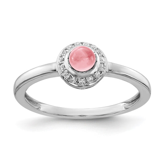 Solid 14k White Gold Simulated CZ and Cabochon Pink Tourmaline Ring