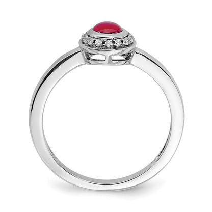 Solid 14k White Gold Simulated CZ and Cabochon Ruby Ring