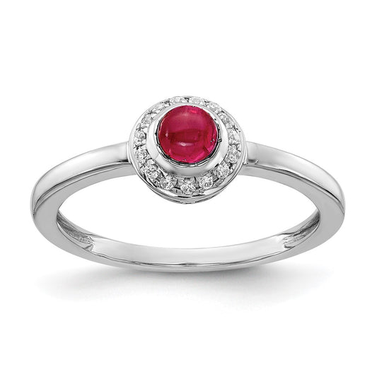 Solid 14k White Gold Simulated CZ and Cabochon Ruby Ring