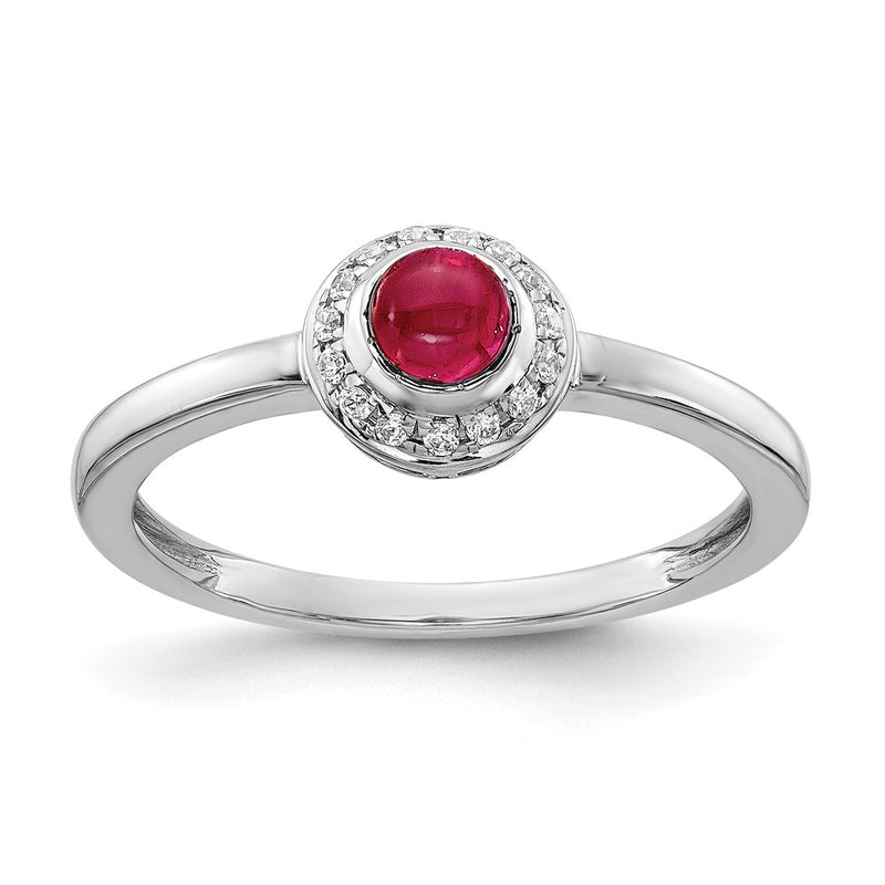 14k White Gold Real Diamond and Cabochon Ruby Ring