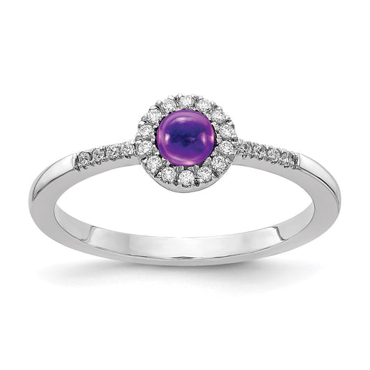 Solid 14k White Gold Simulated CZ and Cabochon Amethyst Ring