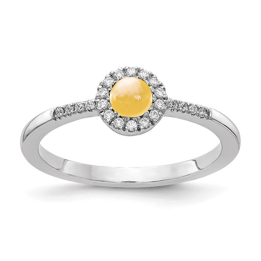 14k White Gold Real Diamond & Cabochon Citrine Ring