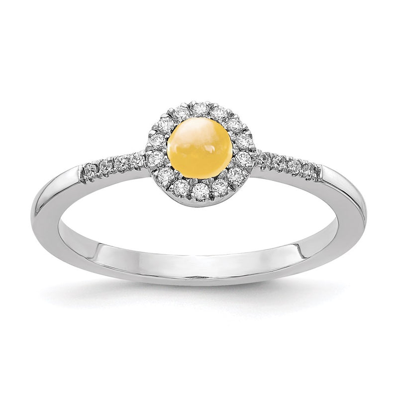 14k White Gold Real Diamond & Cabochon Citrine Ring