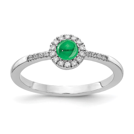 Solid 14k White Gold Simulated CZ and Cabochon Emerald Ring