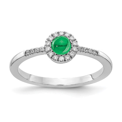 Solid 14k White Gold Simulated CZ and Cabochon Emerald Ring