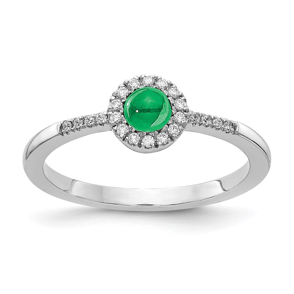 14k White Gold Real Diamond and Cabochon Emerald Ring