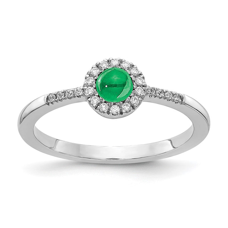 14k White Gold Real Diamond and Cabochon Emerald Ring