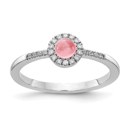 Solid 14k White Gold Simulated CZ and Cabochon Pink Tourmaline Ring