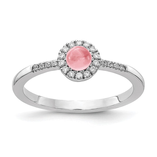Solid 14k White Gold Simulated CZ and Cabochon Pink Tourmaline Ring