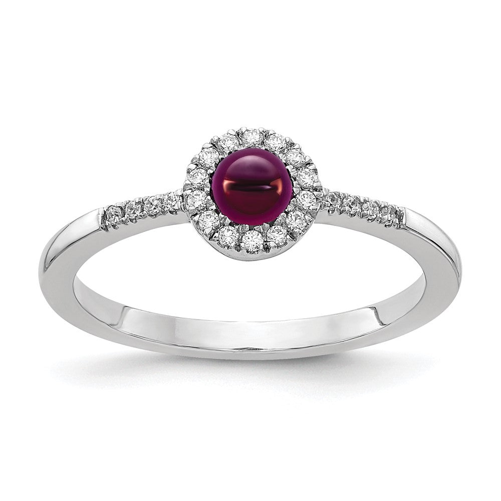 Solid 14k White Gold Simulated CZ and Cabochon Rhodolite Garnet Ring