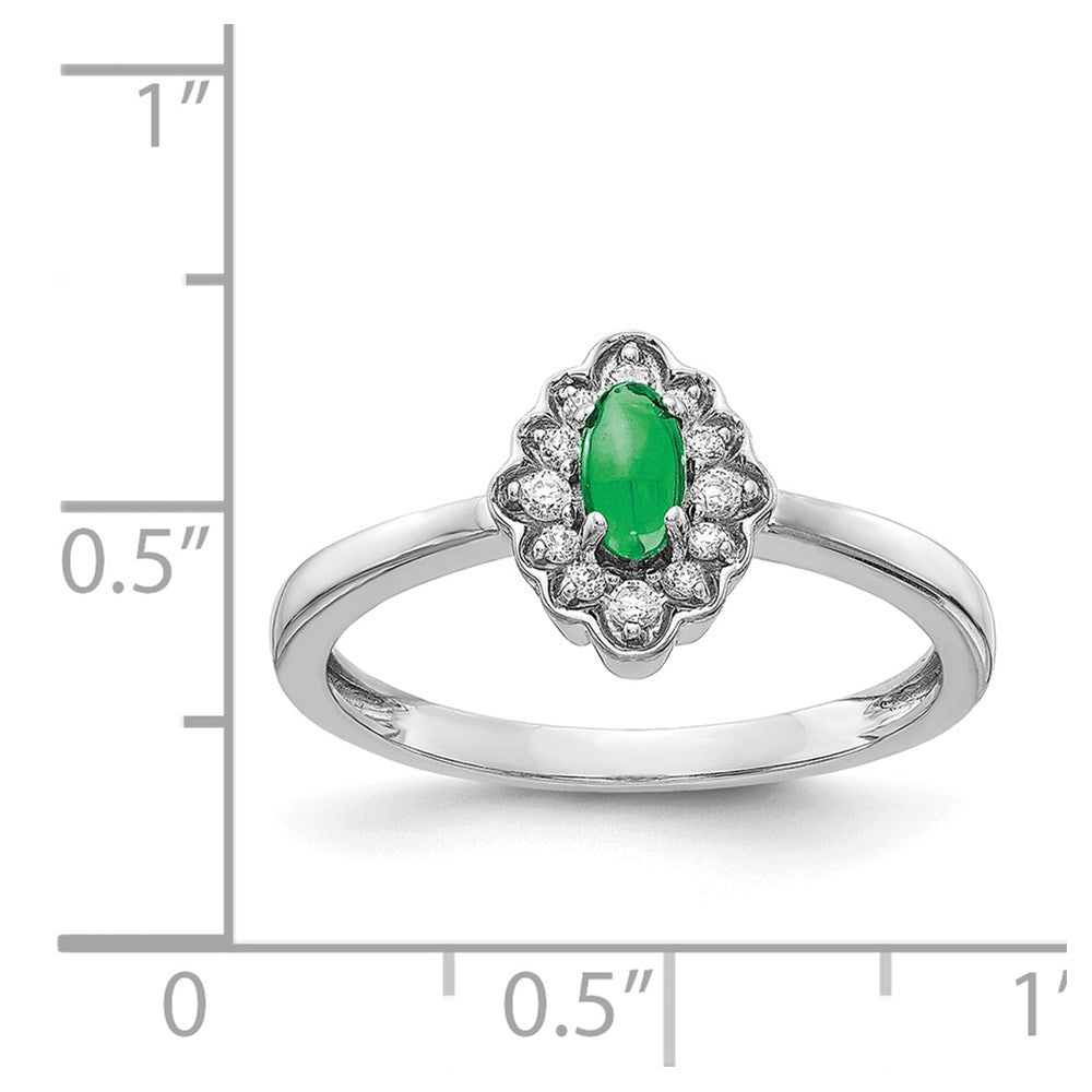 Solid 14k White Gold Simulated CZ and Oval Cabochon Emerald Ring