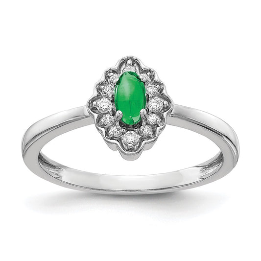 Solid 14k White Gold Simulated CZ and Oval Cabochon Emerald Ring