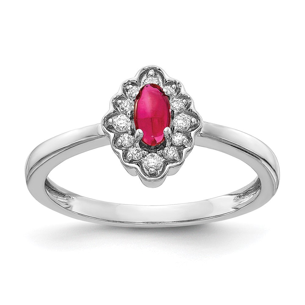 Solid 14k White Gold Simulated CZ and Oval Cabochon Ruby Ring