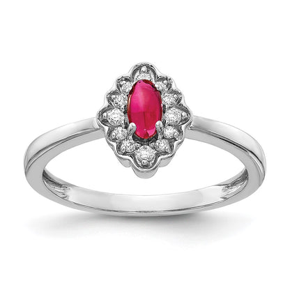 14k White Gold Real Diamond and Oval Cabochon Ruby Ring