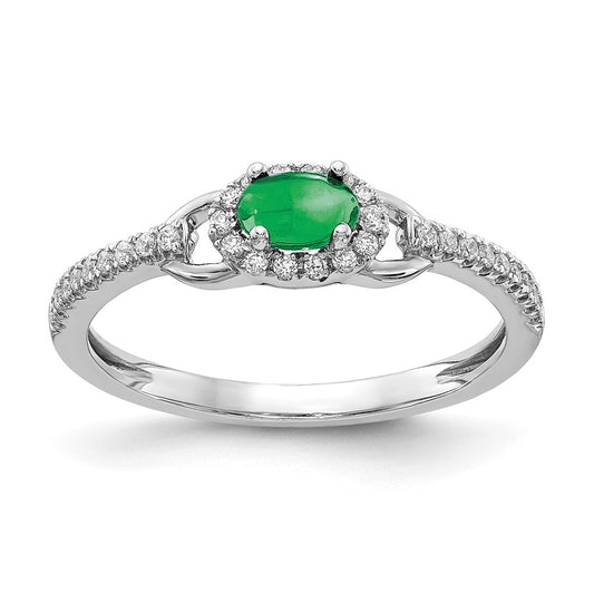 Solid 14k White Gold Simulated CZ and Cabochon Emerald Ring