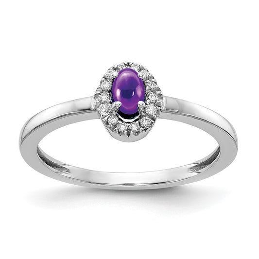 Solid 14k White Gold Simulated CZ and Oval Cabochon Amethyst Ring