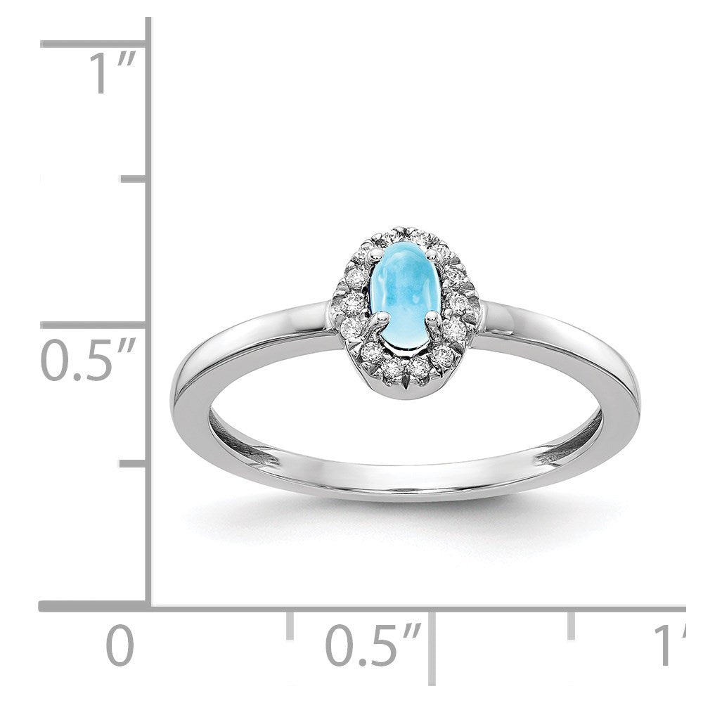 14k White Gold Real Diamond and Oval Cabochon Blue Topaz Ring