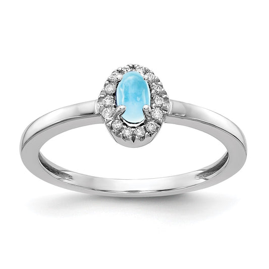 14k White Gold Real Diamond and Oval Cabochon Blue Topaz Ring
