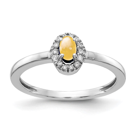 Solid 14k White Gold Simulated CZ and Oval Cabochon Citrine Ring
