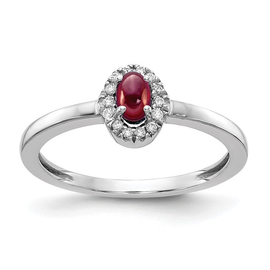 14k White Gold Real Diamond and Oval Cabochon Garnet Ring
