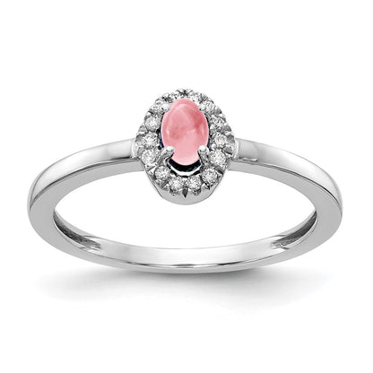 Solid 14k White Gold Simulated CZ and Oval Cabochon Pink Tourmaline Ring