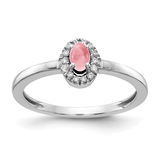 Solid 14k White Gold Simulated CZ and Oval Cabochon Pink Tourmaline Ring