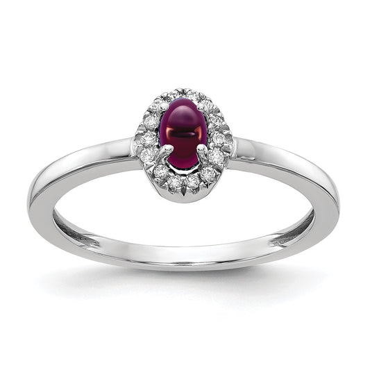 Solid 14k White Gold Simulated CZ and Oval Cabochon Rhodolite Garnet Ring
