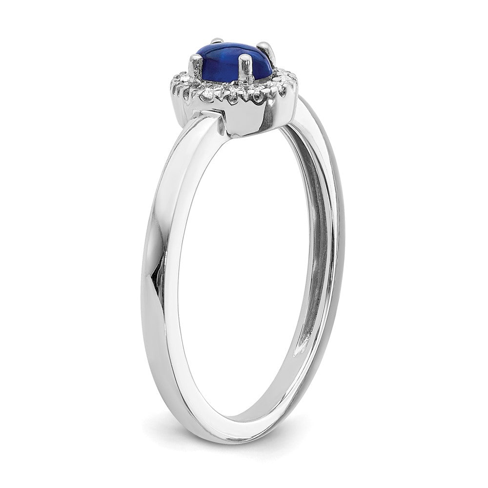 14k White Gold Real Diamond and Oval Cabochon Sapphire Ring