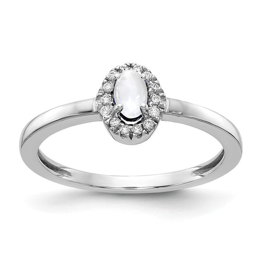 14k White Gold Real Diamond and Oval Cabochon White Topaz Ring