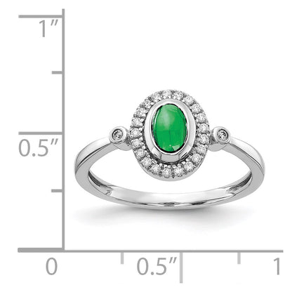 14k White Gold Real Diamond and Oval Cabochon Emerald Halo Ring