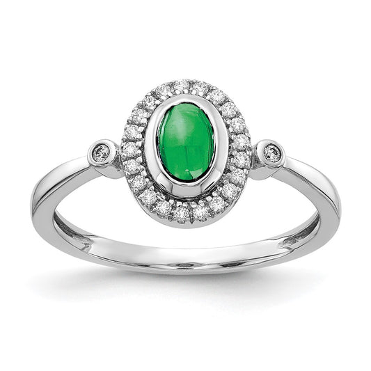 Solid 14k White Gold Simulated CZ and Oval Cabochon Emerald Halo Ring