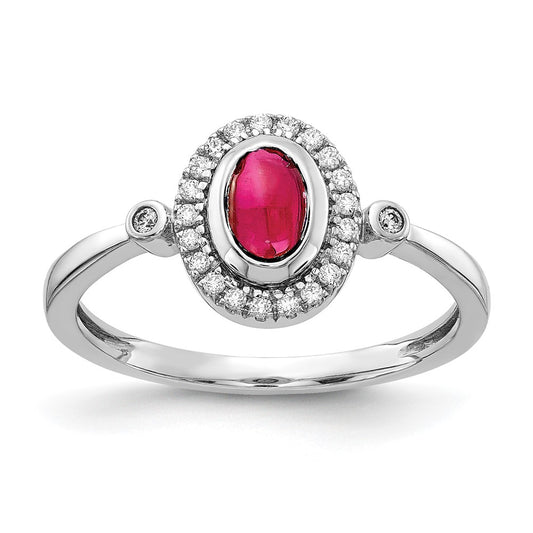 Solid 14k White Gold Simulated CZ and Oval Cabochon Ruby Halo Ring