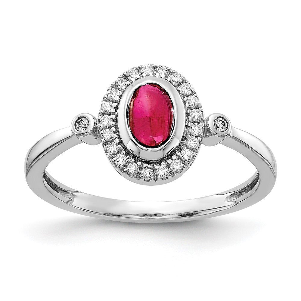 14k White Gold Real Diamond and Oval Cabochon Ruby Halo Ring