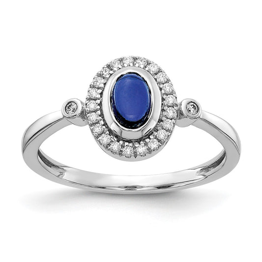 14k White Gold Real Diamond and Oval Cabochon Sapphire Halo Ring